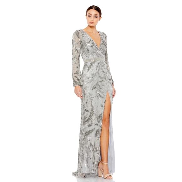 Mac Duggal 5222 Sequined Faux Wrap Split Long Sleeve Gown Platinum 6 $598 NEW - Picture 8 of 16